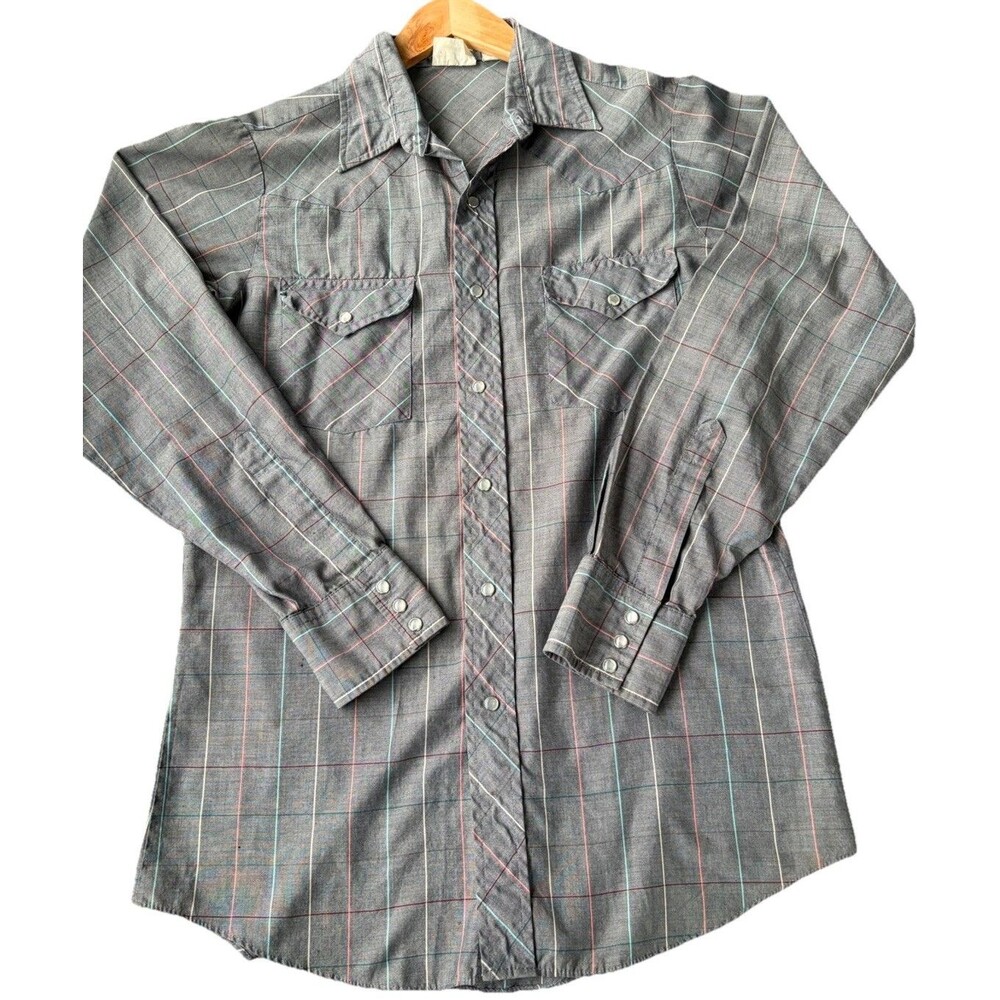 Vintage Lee Shirt Med Gray Plaid Button Up Western Pearl Snap Cowboy 80s
